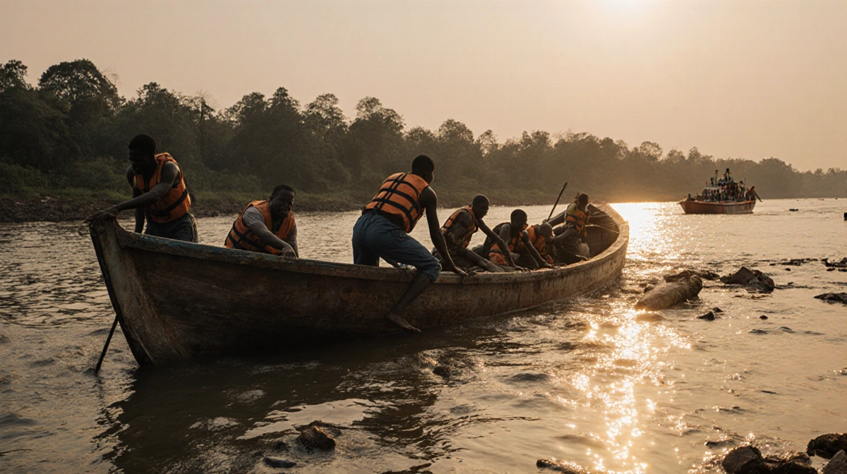 Passengers clinging to a partially submerged boat with life jackets and distressed faces near the Yobe River in Nigeria.