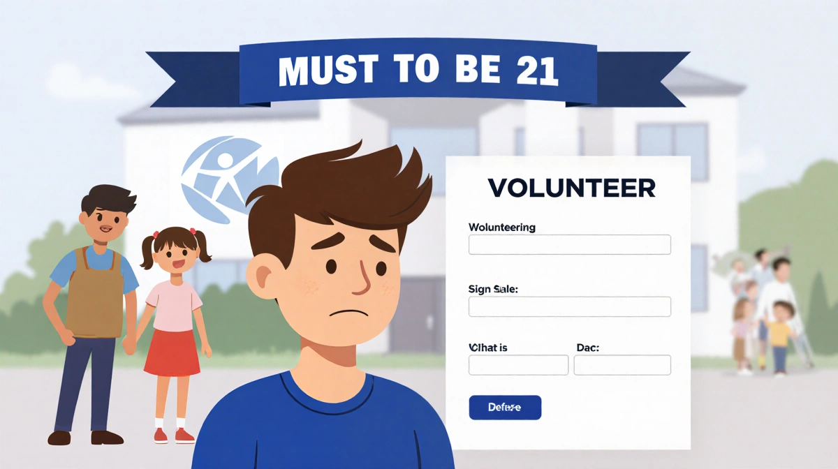 Young adult standing near a nonprofit sign-in sheet with a must be 21 banner above and a family with children in background