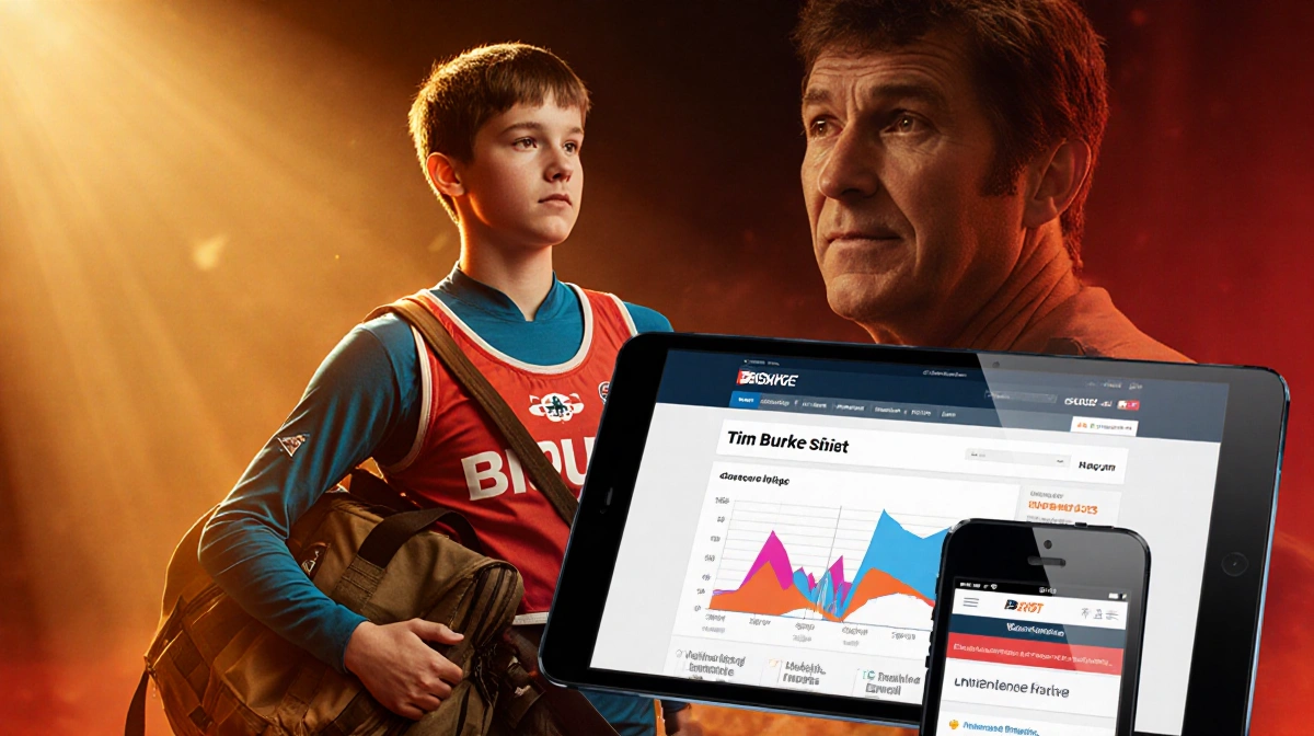 Young athlete holding biathlon bag with mentor coach in background and smartphone app screen