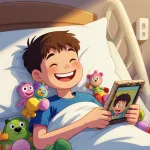 Happy boy in hospital bed hugs stuffed animal while holding children