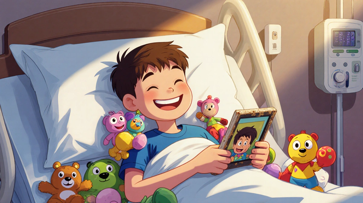 Happy boy in hospital bed hugs stuffed animal while holding children