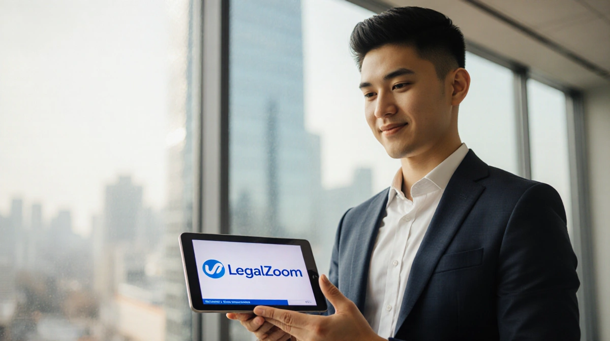 Young professional holding tablet with laptop open showing LegalZoom logo near city skyline office