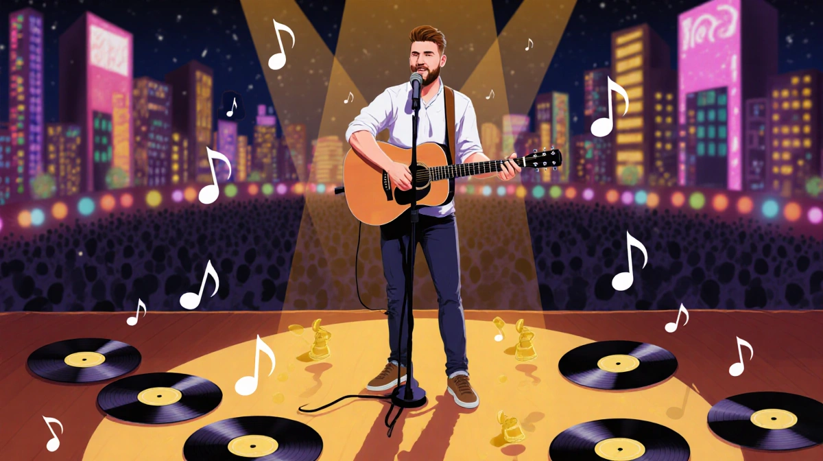 Zach Bryan standing in front of a microphone on stage with music notes and records around and a blurred neon cityscape behind