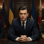 Zelenskyy intently looking at Budanov with Fedorov beside him in a dim meeting room with Ukrainian flag symbols and military.