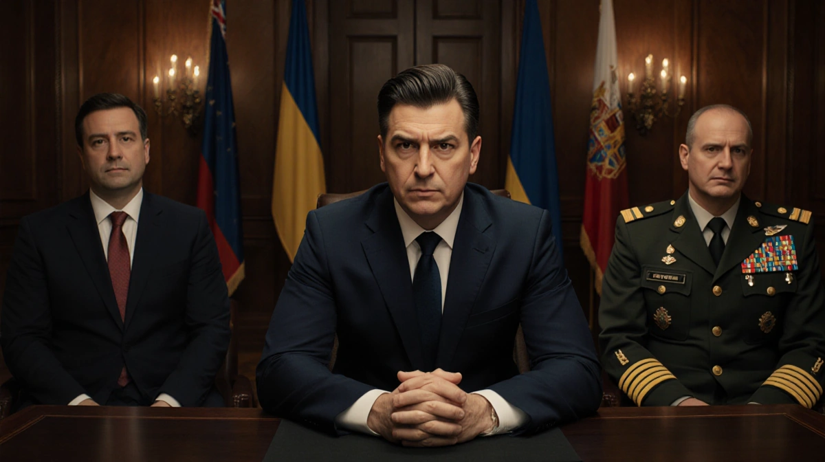 Zelenskyy intently looking at Budanov with Fedorov beside him in a dim meeting room with Ukrainian flag symbols and military.