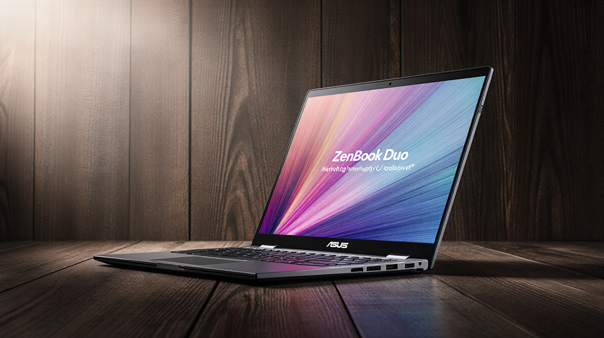 Laptop opening slightly reveals vibrant screen with warm natural light and dark wood grain background