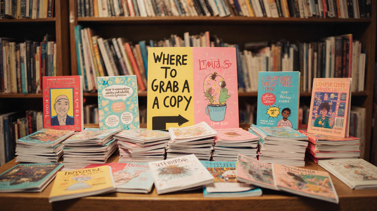Colorful zines spread across wooden shelf with books and magazines nearby pointing to grab copy sign
