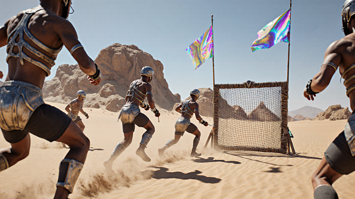 Zobral clan players sprinting toward tiny goals with desert dunes and iridescent flags fluttering