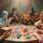 Five friends gather around an eclectic table with zodiac symbols while one plays ukulele and another holds an antique music b