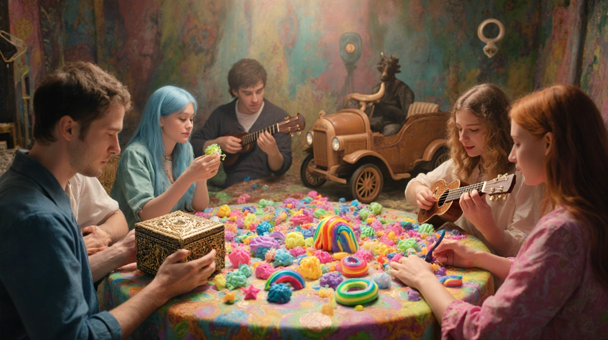 Five friends gather around an eclectic table with zodiac symbols while one plays ukulele and another holds an antique music b