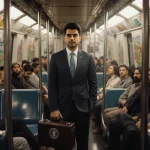 Zohran Mamdani standing in NYC subway car holding mayoral briefcase with graffiti morning diversity reflected in window