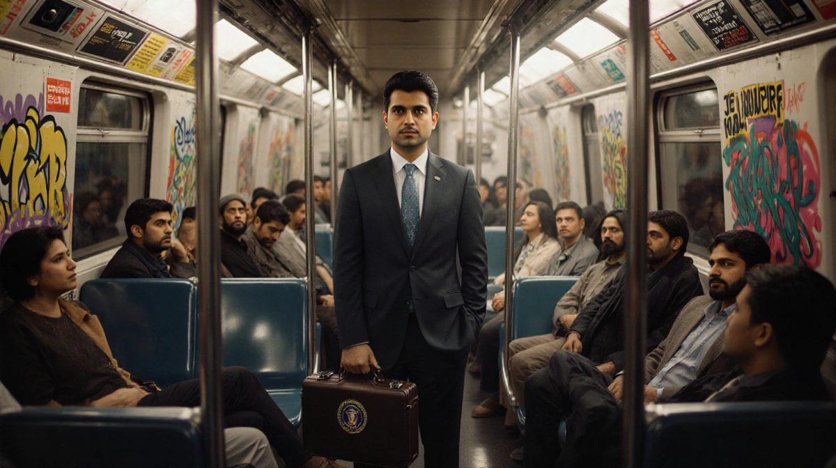 Zohran Mamdani standing in NYC subway car holding mayoral briefcase with graffiti morning diversity reflected in window