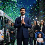 Zohran Mamdani standing at podium with confetti in blue and green and a mayor smiling in inauguration attire amid New Yorkers