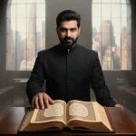 Zohran Mamdani stands with his right hand on a worn leather-bound Quran at a lectern in the NYC Public Library natural light