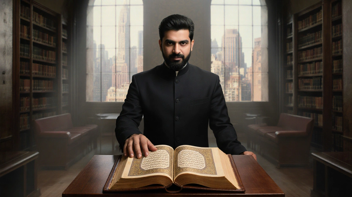 Zohran Mamdani stands with his right hand on a worn leather-bound Quran at a lectern in the NYC Public Library natural light