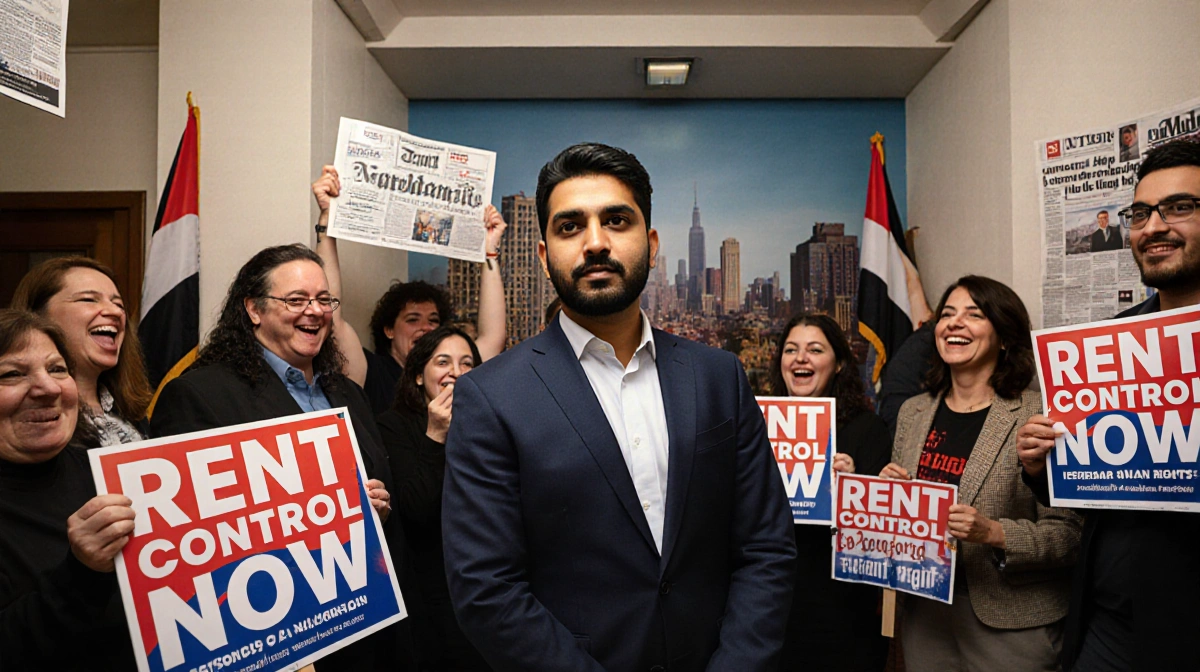 Zohran Mamdani standing in Brooklyn lobby with cheering tenants holding rent control signs and a subway entrance in backgroun