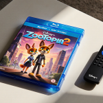 Blu-ray disc showing Judy Hopps and Nick Wilde illustration on coffee table with Disney+ remote nearby