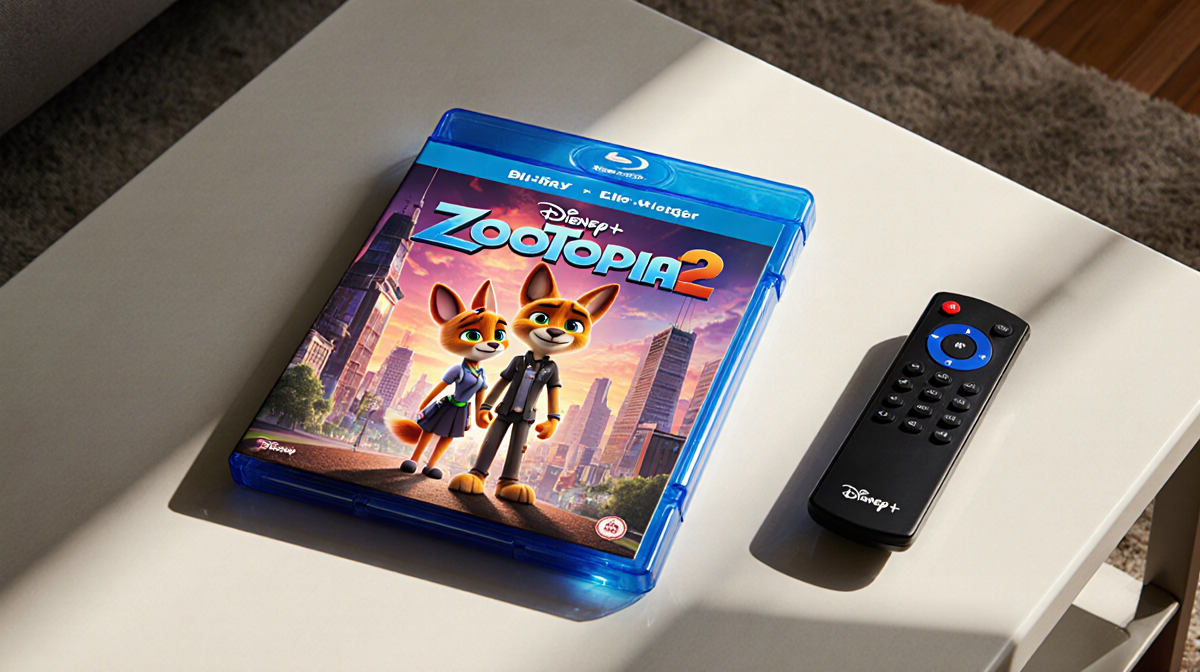 Blu-ray disc showing Judy Hopps and Nick Wilde illustration on coffee table with Disney+ remote nearby