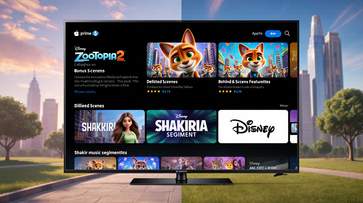 Split-screen collage shows TV screen with Zootopia 2 title and panels for deleted scenes and Shakira music