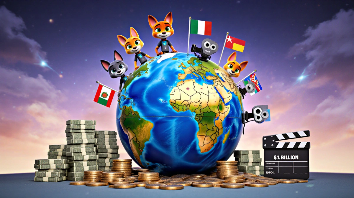 Zootopia 2 globe with international flags and money stacks showing $1.7 billion box office success