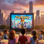 Excited children watching Zootopia 2 on giant outdoor screen with sunset skyline and oversized popcorn buckets